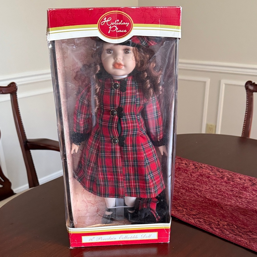 Porcelain Collectible Doll - Red Plaid